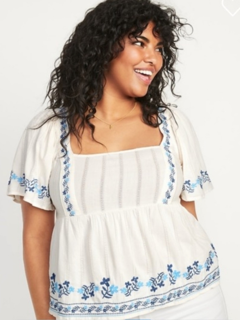 Old Navy White Flutter Sleeve Embroidered Boho Square Neck Top Cottagecore XL